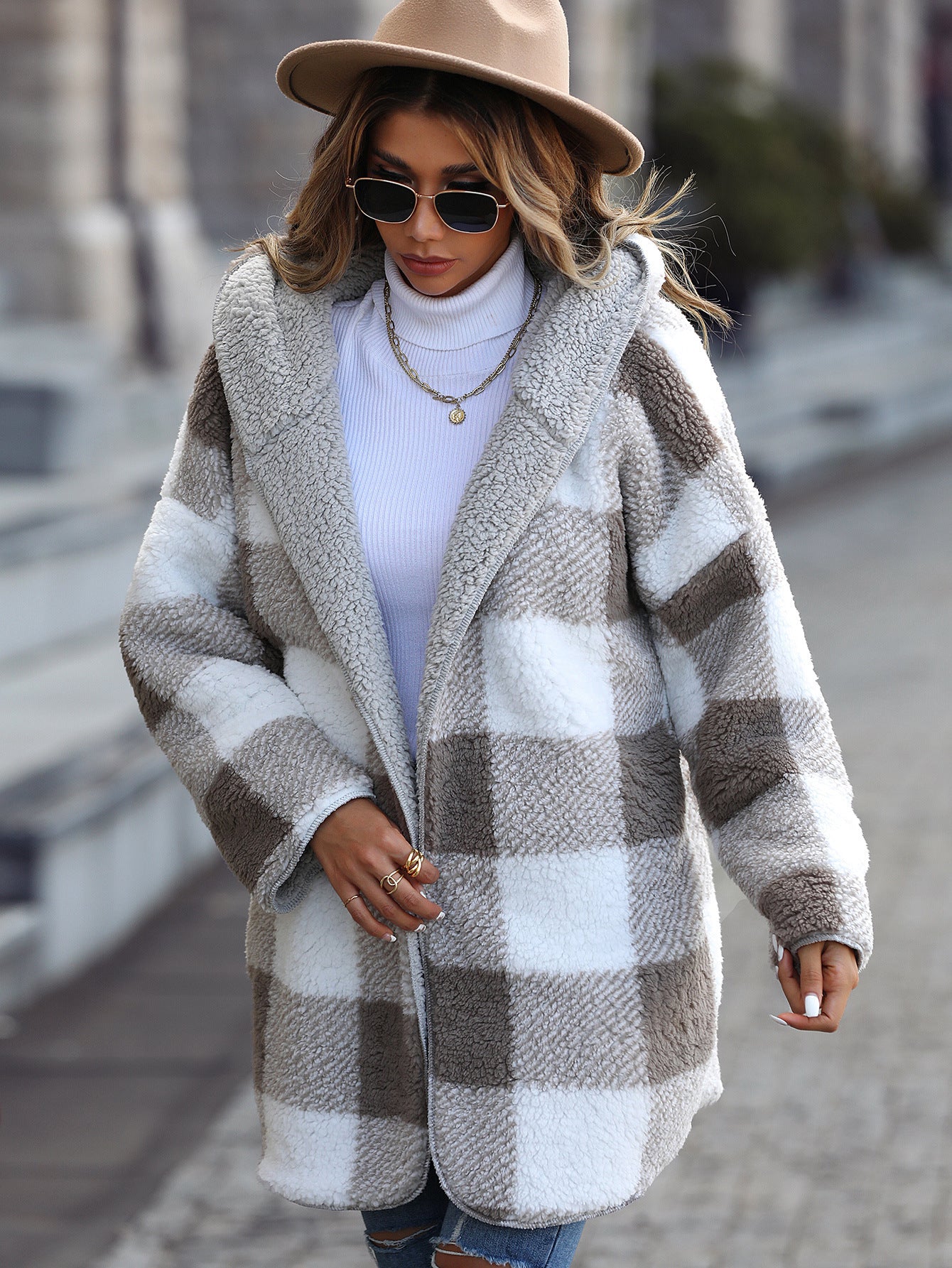 Manteau à Capuche en Velours à Carreaux pour Femme