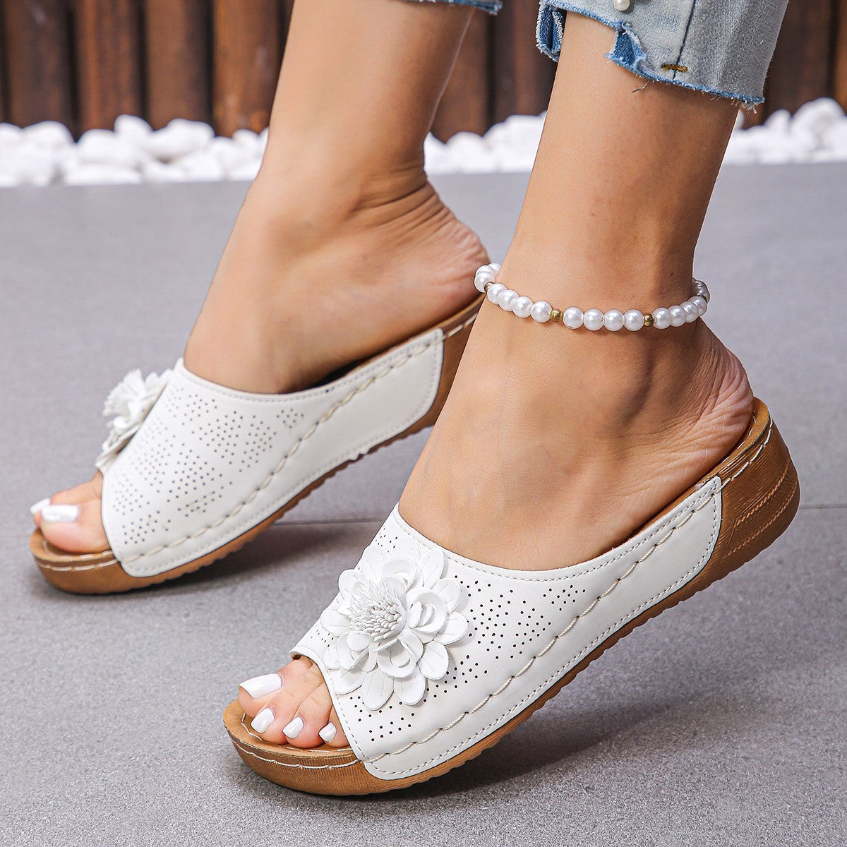 Sandales Fleurs Rétro Compensées Été Femme