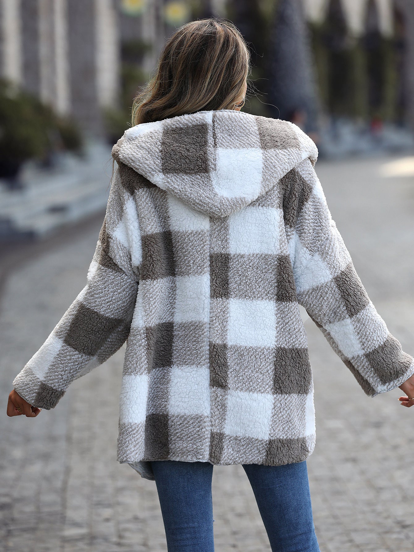 Manteau à Capuche en Velours à Carreaux pour Femme