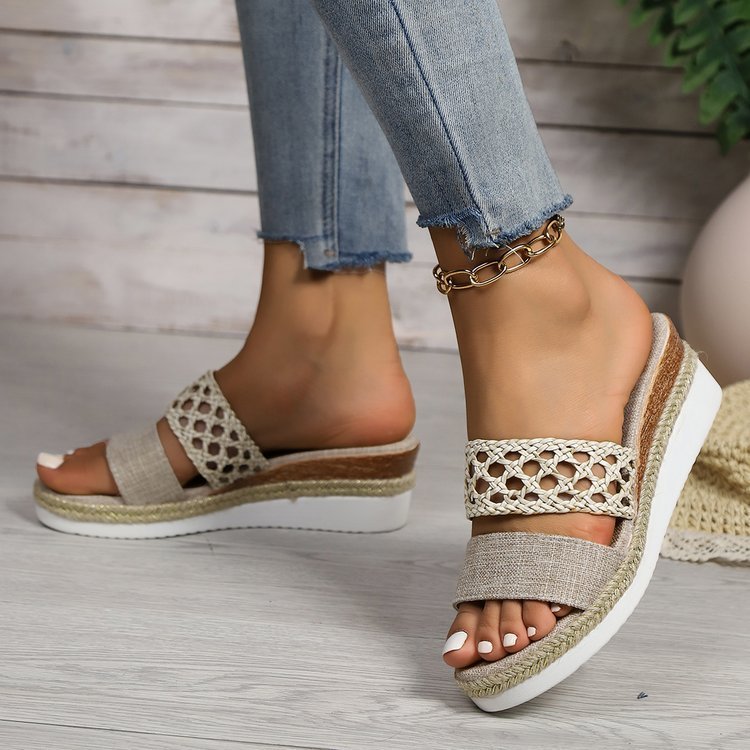 Sandales Compensées Bout Ouvert Corde Femme