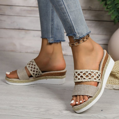 Sandales Compensées Bout Ouvert Corde Femme