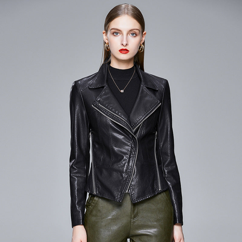 Veste en Cuir Femme Slim Motocross Col V