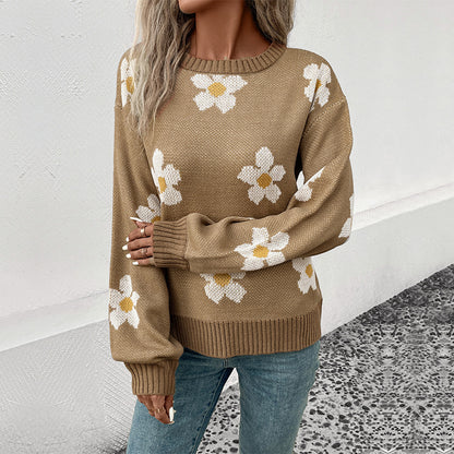 Pull Femme Kaki à Fleurs – Style Japonais Décontracté