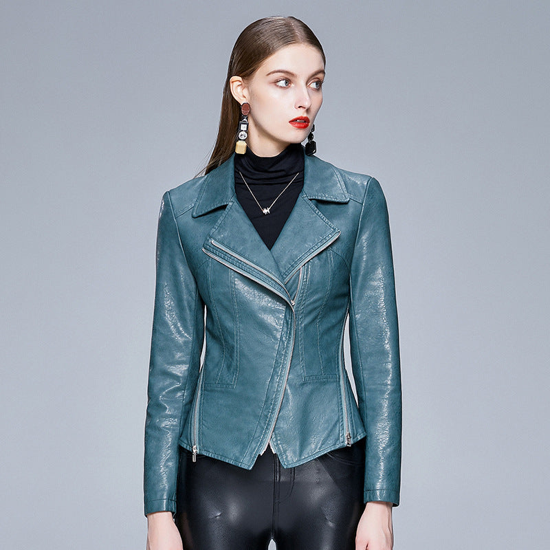 Veste en Cuir Femme Slim Motocross Col V