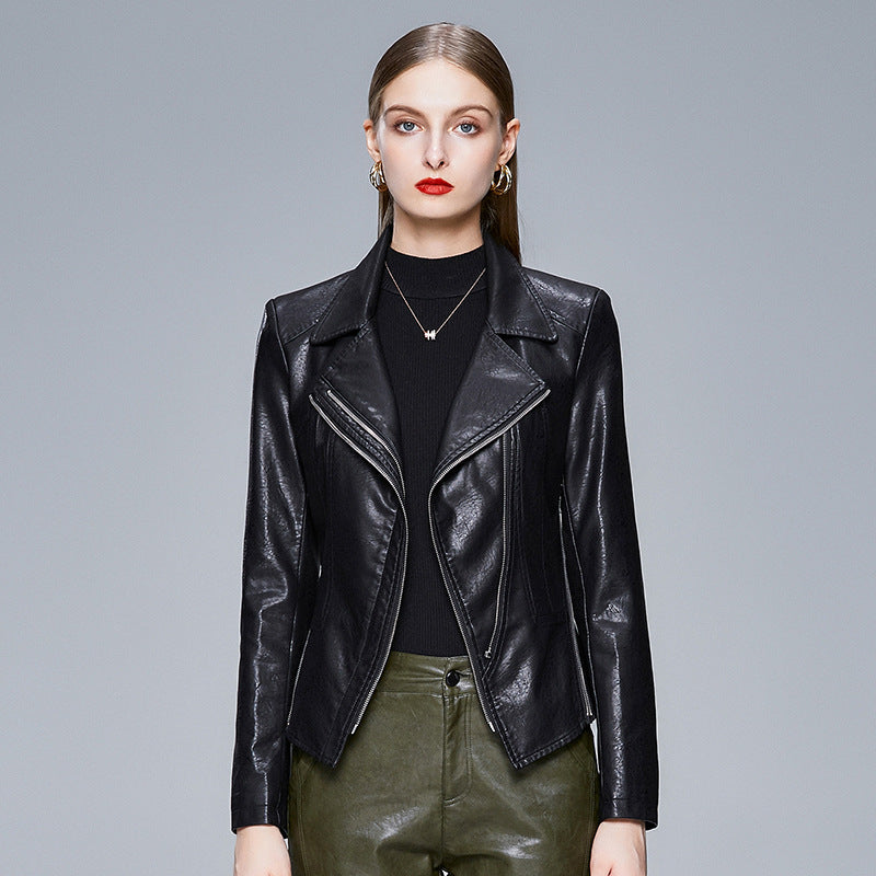 Veste en Cuir Femme Slim Motocross Col V