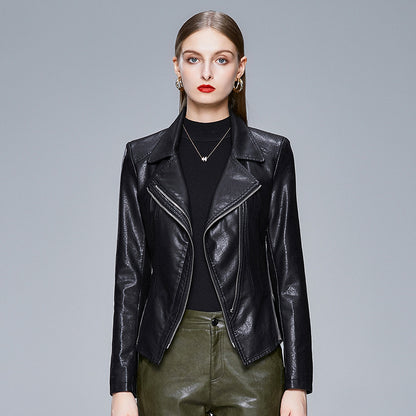 Veste en Cuir Femme Slim Motocross Col V