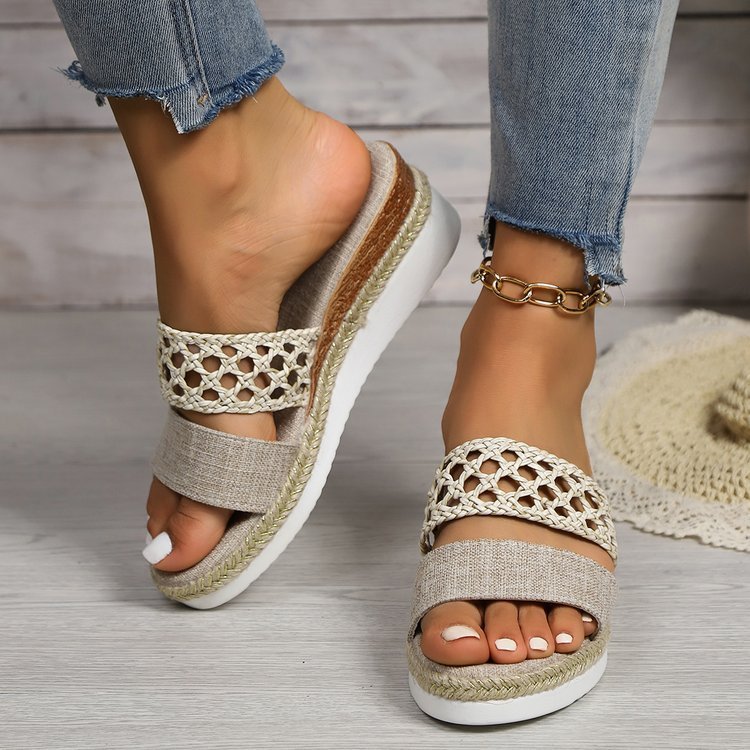 Sandales Compensées Bout Ouvert Corde Femme