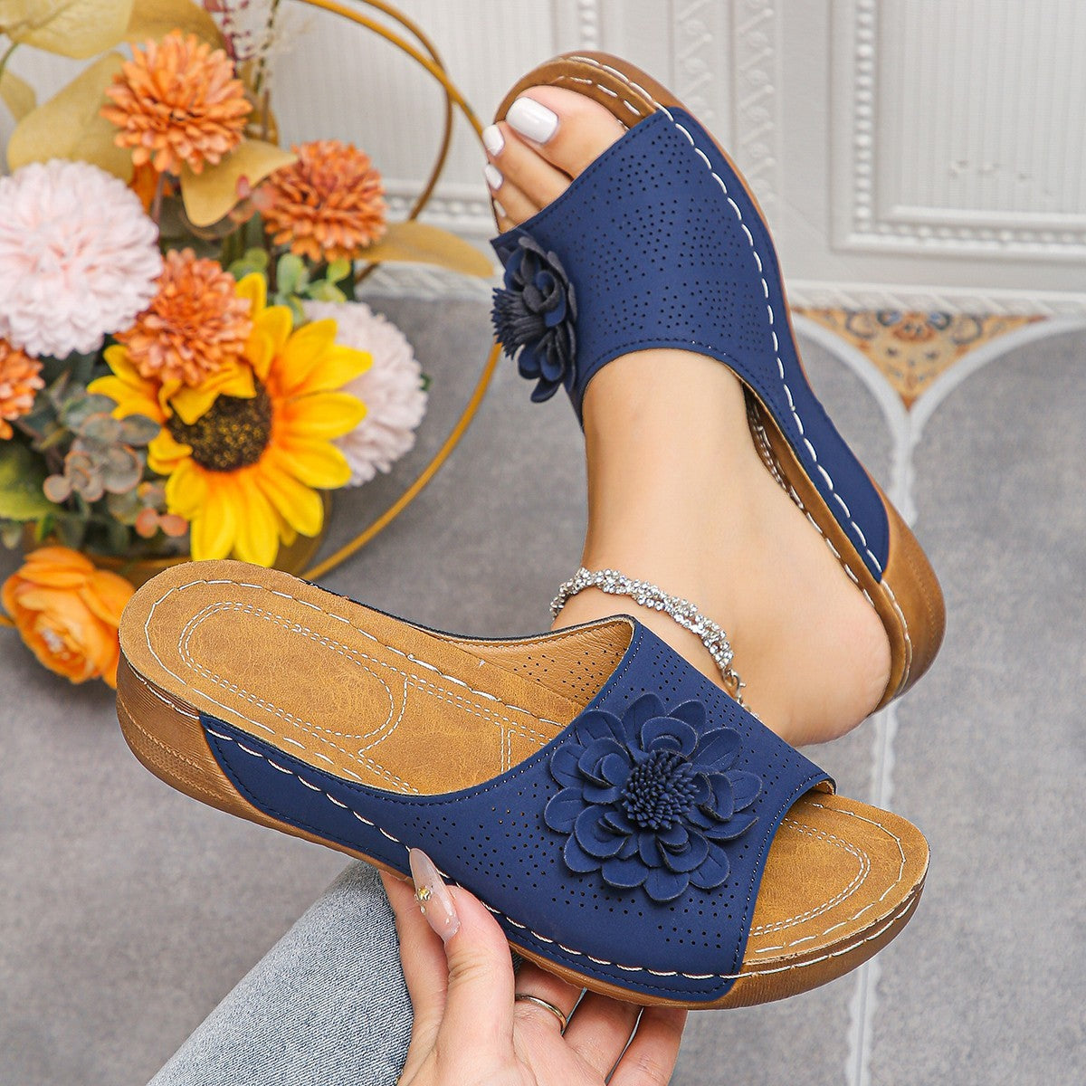 Sandales Fleurs Rétro Compensées Été Femme