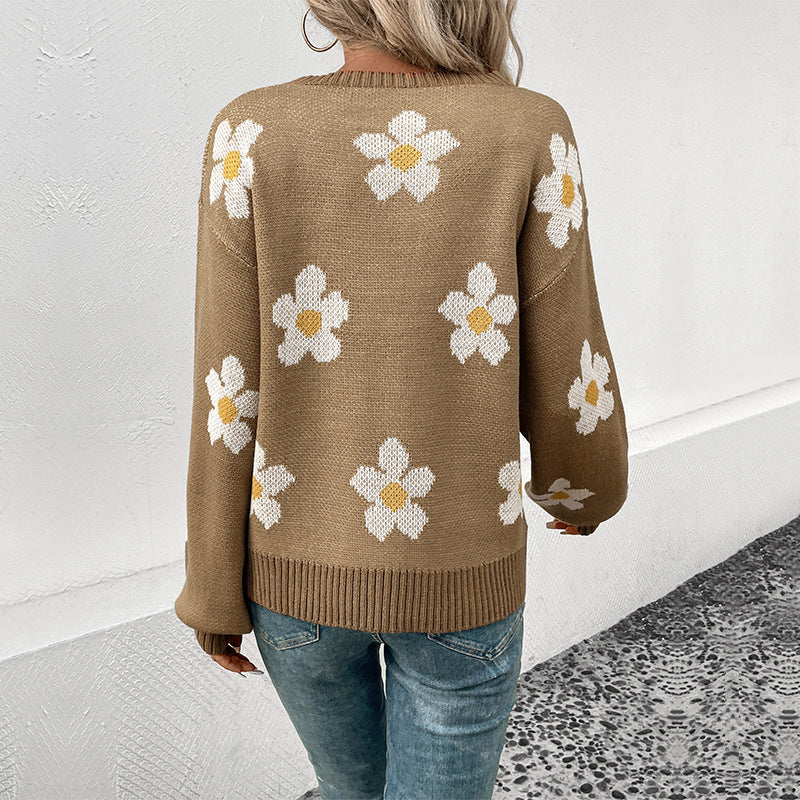 Pull Femme Kaki à Fleurs – Style Japonais Décontracté