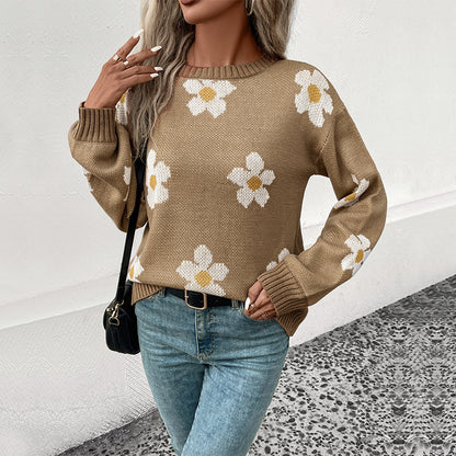 Pull Femme Kaki à Fleurs – Style Japonais Décontracté