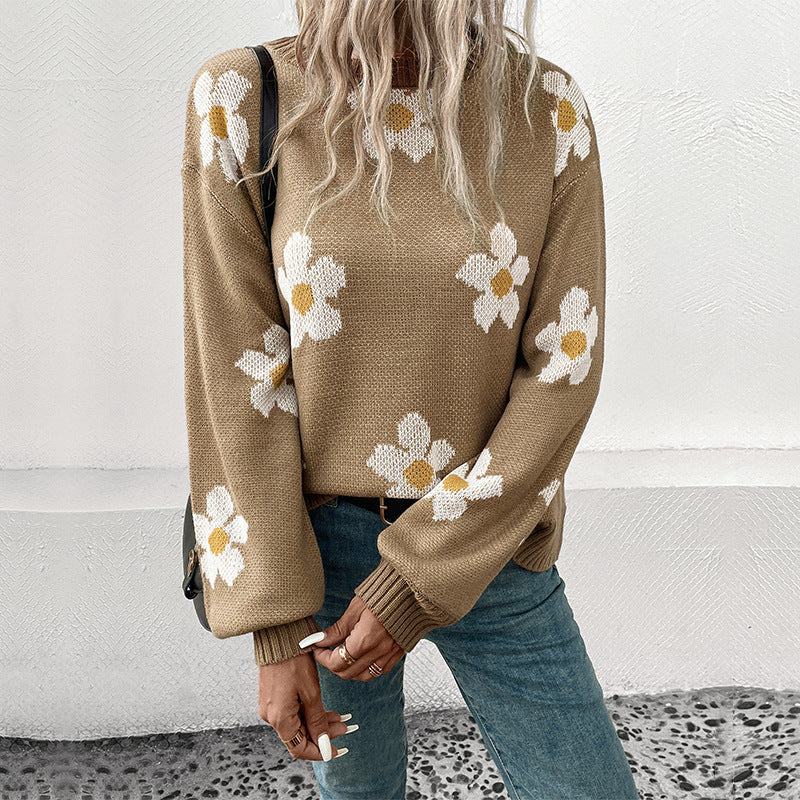 Pull Femme Kaki à Fleurs – Style Japonais Décontracté